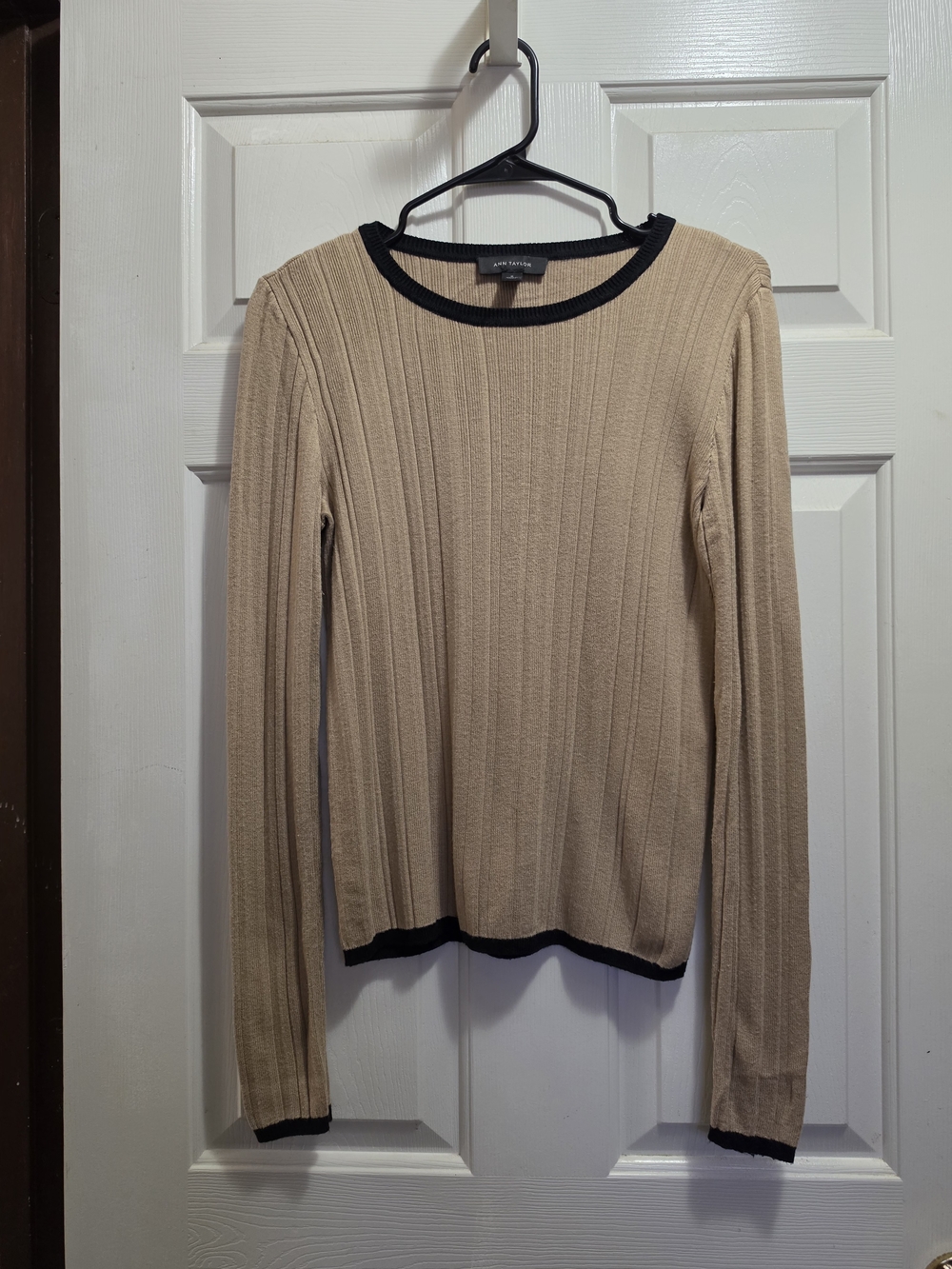 Ann Taylor Beige Ribbed Crewneck Sweater with Black Trim